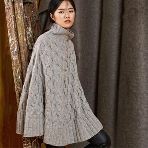 100% hand made pure wool turtleneck knit women fashion solid loose H-straight sleeveless cloak sweater one&over size