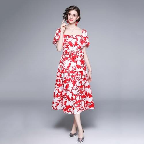 High Quality New Summer Runway Dress 2021 Women Square Collar Puff Sleeve Floral Print Vintage Party Vestidos Robe N61136