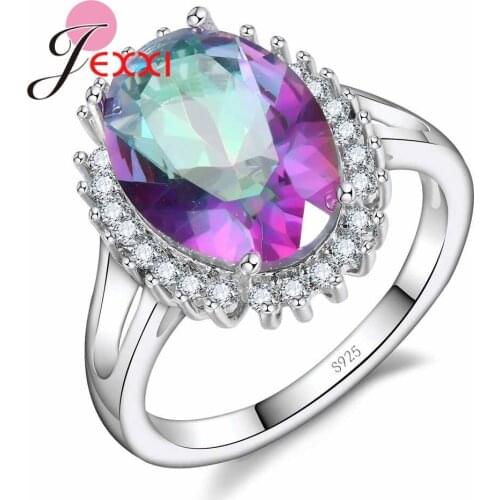 Classic Women Wedding Rings Real Solid 925 Sterling Silver Jewelry For Women Rainbow Cubic Zirconia CZ Christmas Party