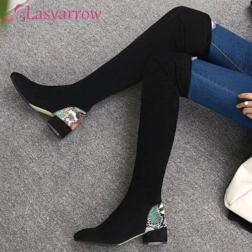 Lasyarrow 2021 Square Med Heel Over The Knee Boots Flock Round Toe Long Boots Slip On Autumn Winter Women Shoes Size 34-48