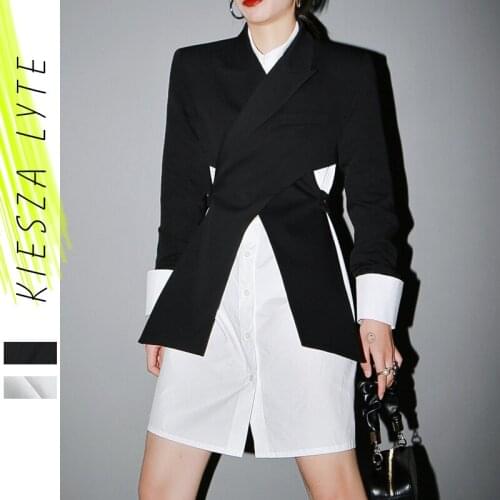 Women Black Cross Split Joint Blazer New Lapel Long Sleeve Loose Fit Jacket Fashion Tide Spring Autumn 2021