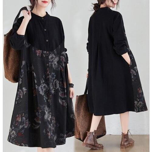 2021 Spring New Long-Sleeved Patchwork Floral Dress Female Printed Cotton And Linen Dresses Stand Collar Single-Breasted Pocket