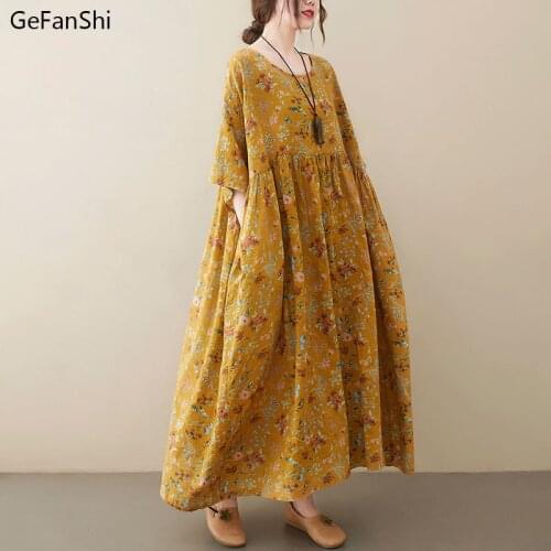 Fashion 2021 New Summer Women Dress Vintage Print Cotton Linen Dress Casual Loose Half Sleeve O-Neck Elegant Office Lady Dresses