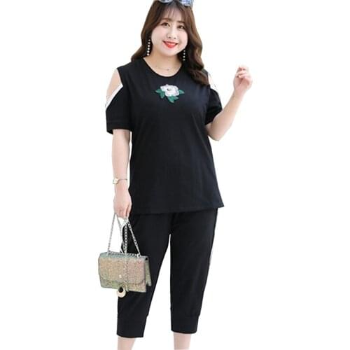 2020 Oversize summer women two-piece set cotton casual suit short sleeve t-shirt tops and cropped pants sets Plus size 8XL G897