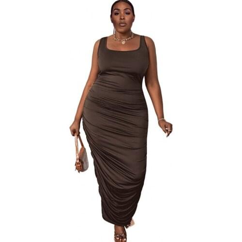 African Tank Long Dress Women Sleeveless Square Collar Drawstring Draped Robes Fashion Solid Elegant Sexy African Party Dresses
