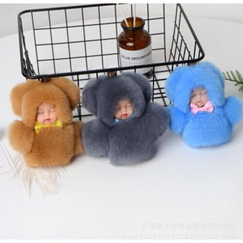 Real Rex Rabbit Fur Keychain 11cm Cute Sleeping Baby Doll Key Chain Fluffy Pom Pom Keyring Bag Car Trinket Women Gift