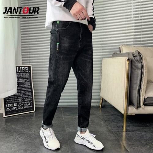 Jantour Brand Men Black Jeans Fashion Straight Harem Pants Streetwear Men Black Ribbons Hip Hop Trousers Male Pantalon Homme