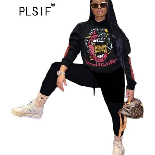 European Fashion Hoodies Tops And Long Pant Suit Cartoon Print 2 Pieces Matching Suit Track Suit