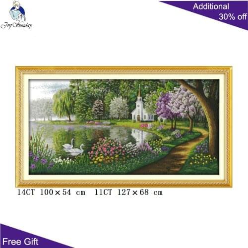Joy Sunday Green Lake Reflected Color Cross Stitch F154 14CT 11CT Counted and Stamped Home Decor Swan Lake Cross Stitch kits