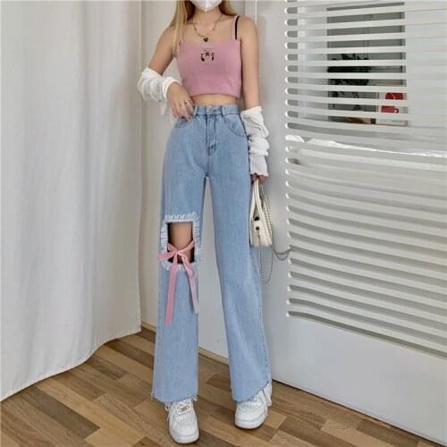 Cute Ripped Jeans Women Summer High Waist Hollow Out Ribbon Design Straight Leg Pants Y2k Jeans for Sweet Girls
