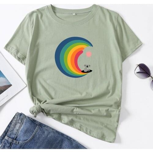 Cute Koala on Colorful Moon Woman T-Shirt Short Sleeve T-Shirts Summer Tops for Women Cotton Graphic Tee Female Shirt Clothes