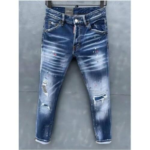 New DSQ2 Mens Skinny Jeans With Ripped Holes And elastic Paint Spray Blue Stitching Beggar Pants 039