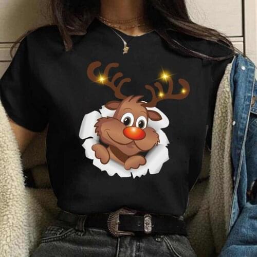 Maycaur New Cute Reindeer T Shirt Women Fashion Christmas Tshirt Suitable All Seasons Harajuku Short Sleeve T Shirt Black Tshirt