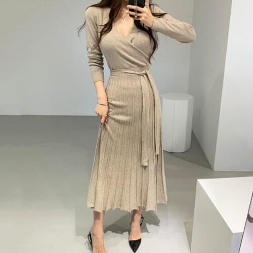Autumn/Winter Women Knitted Dress Ladies Sheath Low Cut V-neck Full Sleeves Lace-up Sashes Slim Mid-calf Pleated Dress