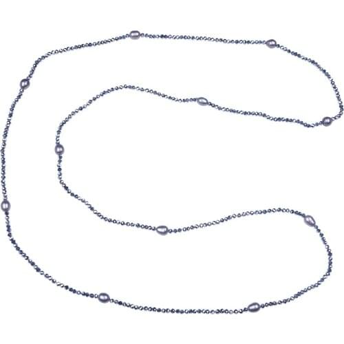 Hot new full crystal beads necklace real cultured freshwater pearl necklace grey 8-9mm rice shape pearl necklace long jewelry