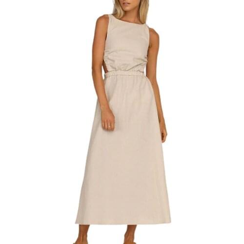 2021New Sexy Womens Summer Solid Color A-line Skirt Hollow Design O-neck Sleeveless Backless Mid-waist Slim Pullover Dress Soft