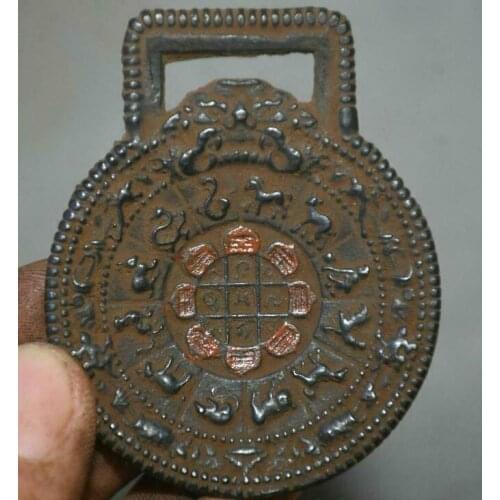 6CM Old Tibetan Bronze Painting Eight Diagrams 12 Zodiac Year Amulet Pendant