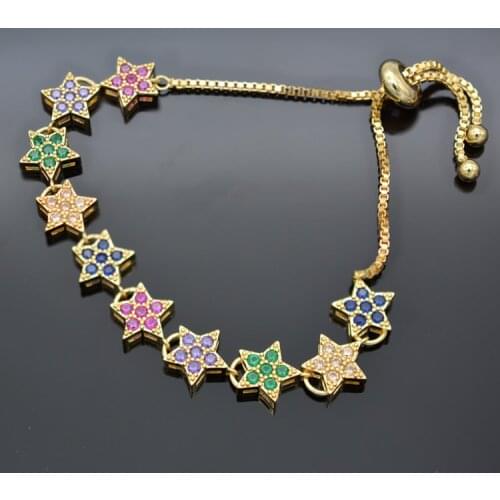 925 Sterling Silver Star Adjustable Charm Crystal Bracelet Fashion Pop Culture Gold Plated Colorful Star Empty Bracelet