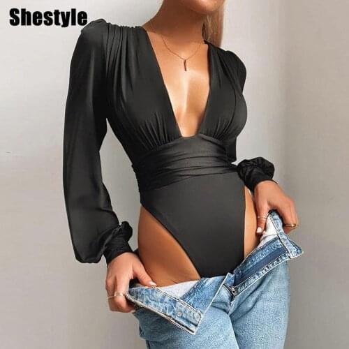 Shestyle Spring 2020 V Neck Women Bodysuits Sexy Low Cut Lantern Long Sleeve Slim High Waist Solid Ruched Party Body Festival