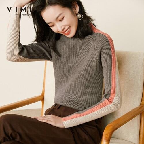 Vimly 2020 Fashion Womens Sweaters Elegant Contrast Striped Knitted Turtleneck Pullover Vintage Clothes Female Tops F3328