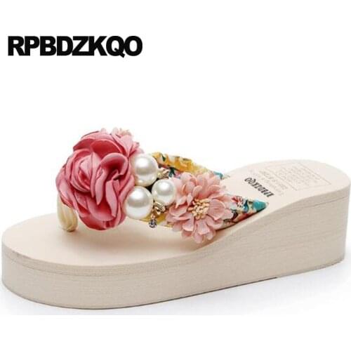 Wedge Slides Flip Flop Pearl Slippers Pink Platform Sandals Glass Rhinestone High Heel Fashion Shoes 2018 Women Floral Print