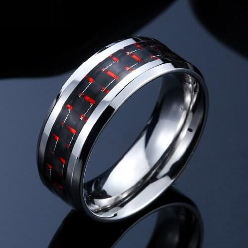 YWSHK 2021 Fashion Black Red Carbon Fiber Punk Ring for Men Stainless Steel Ring Wedding Mens Jewelry 8mm A Drop Shipping