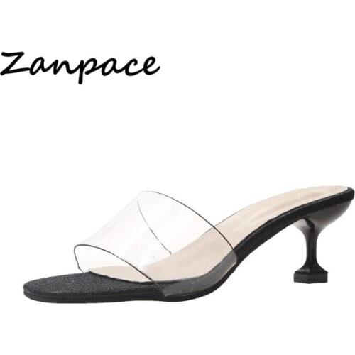 2019 Summer New Slippers Women PVC Korean Version 5CM Transparent Shoes Slippers Outside Bling Square Med Heels Women Shoes