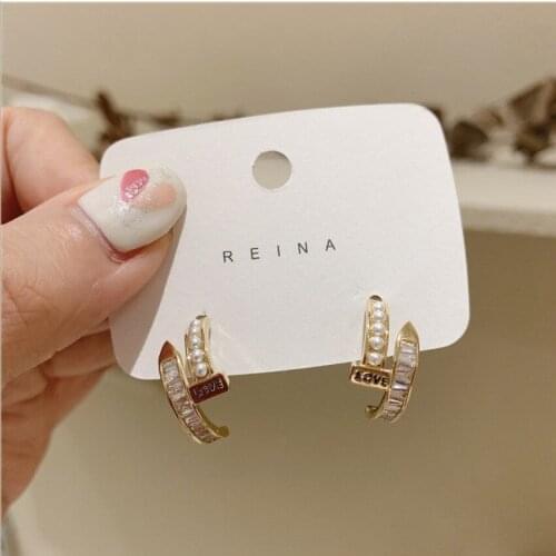 Delicate 14K Real Gold Plated Letter LOVE Stud Earrings for Women Cubic Zircon Pearl Beads Earrings