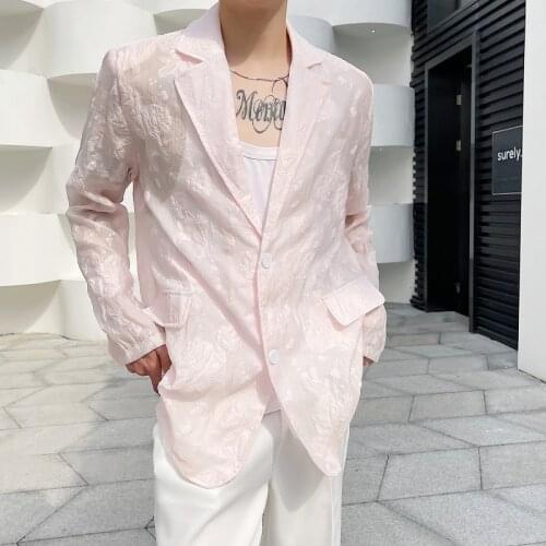 2021 spring Korean style Personalized Embossed embroidery design Suit men Casual loose pink Blazers for men M-XL