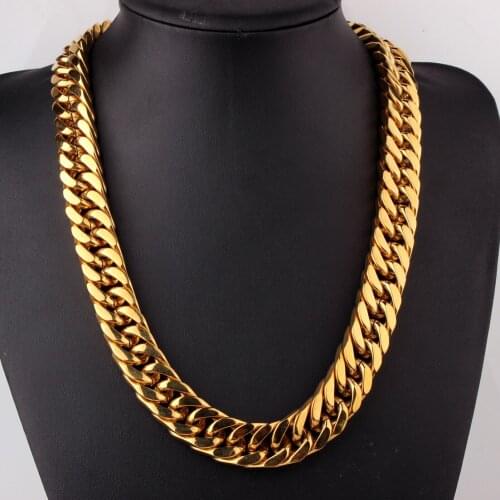 8/10/12/15/17mm High Polished Gold Stainless Steel Cuban Necklace for Men Curb Chain 16-36" Fashion Mens Hip Hop Jewelry