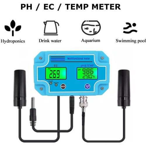 Digital 3 in 1 PH EC TEMP Meter Monitor Aquarium Hydroponics Water Quality Tester ATC Acidimeter Conductivity Meter PH EC Tester