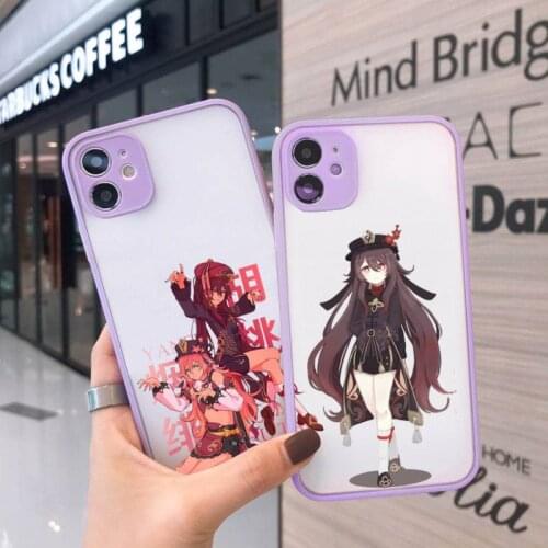 Hu tao Phone Case For iPhone 12 11 Mini Pro XR XS Max 7 8 Plus X Matte transparent Purple Back Cover