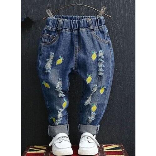 Childrens Clothing Girls Jeans Holes Embroidery Denim Blue Baby Girl Jeans For Girls Kids Thin Causal Jeans Long Trousers