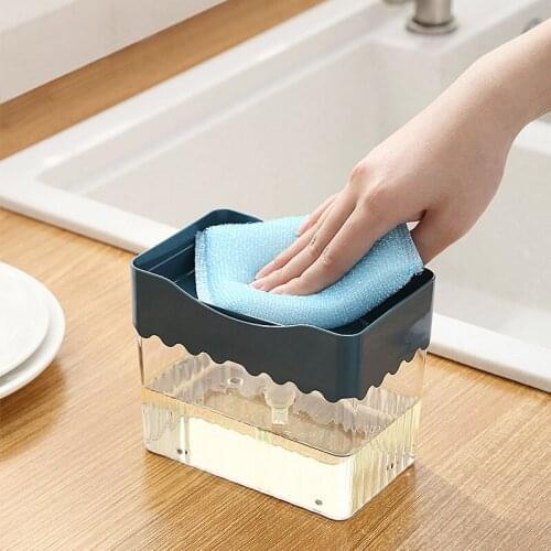 Soap Pump Dispenser with Sponge Holder Cleaning Liquid Dispenser Container Manual Press Soap Organizer Kitchen Cleaner Tool
