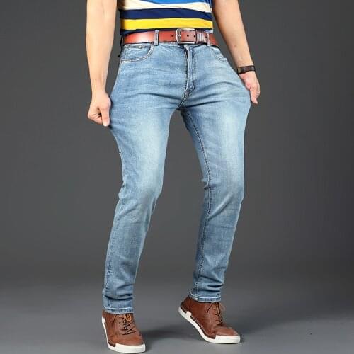 Pants mens Elasticity business casual jeans, high-quality solid color pocket zipper pants，Sky blue retro denim trousers male