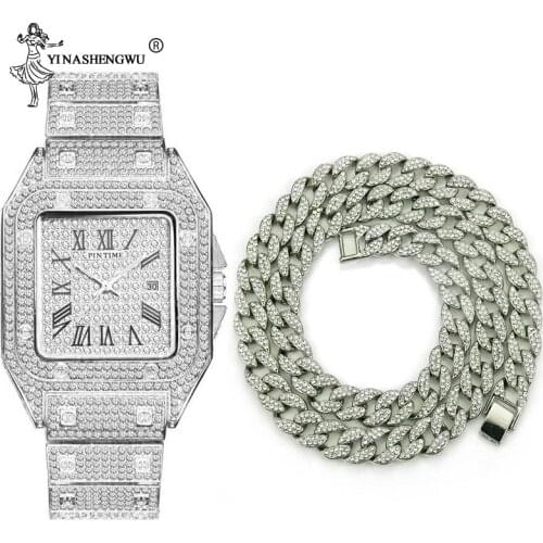 Hip Hop Iced Out Men Necklace & Watch Square Rhinestones Quartz Luxury Mens Wrist Watches Gold Roman Calendar Clock Jewelry 2019