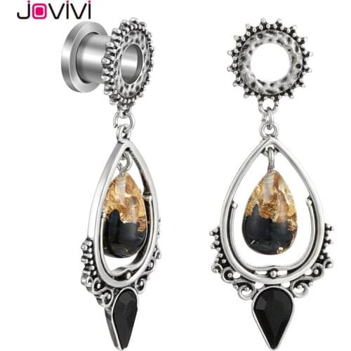 Jovivi New Stainless Steel Black Obsidian Stone Teardrop Large Dangle Screw Ear Plugs Tunnels Gauges Stretching Tapers 2g-5/8