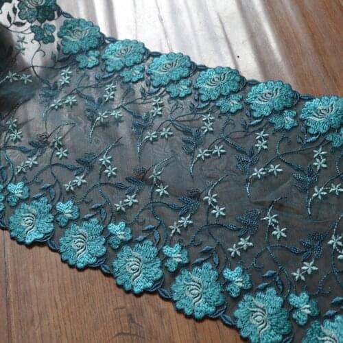 5Yards Lace Trim Dark Green Mesh Blue Thread Flower Embroidered Scalloped Tulle Lace 21cm Wide High Quality Wedding