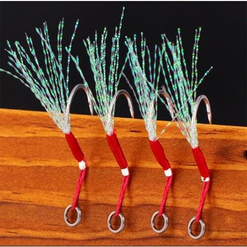 Single Jigging Fishing Hook Thread Feather Refracts Cast Jigs Assist Hook Barbed Carbon Steel Fishing Lure Hooks Fishing Tools