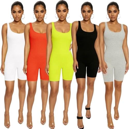 Summer Casual Sleeveless Playsuit 2020 Women Bodycon Short Jumpsuit Sexy Long Bodysuit Female Overall Plus Size Gray Orange
