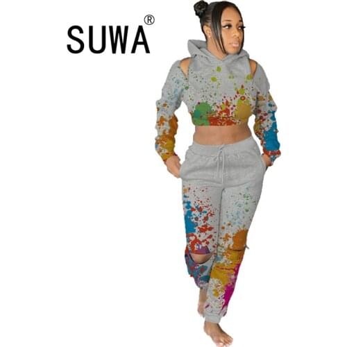 Wholesale 2020 Hot Women Tie Dye Hoodies Sweatshirt And High Waist Joggers Legging Baggy Pants Lounge Wear Set Sweat Suit