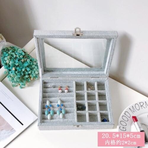 Small Velvet Gray Carrying Case with Glass Cover Jewelry Ring Display Box Tray Holder Storage Box Organizer Earrings Ring Bracel