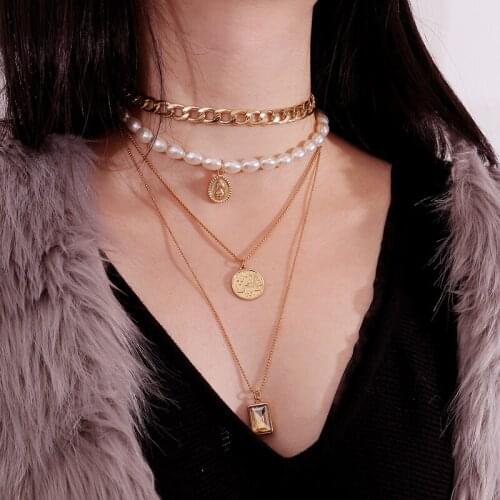 Gothletic Gold Color Multilayered Link Chain Necklace Pearl Choker Necklace Coin Charm Pendant Valentines Day Gift 2019 NEW
