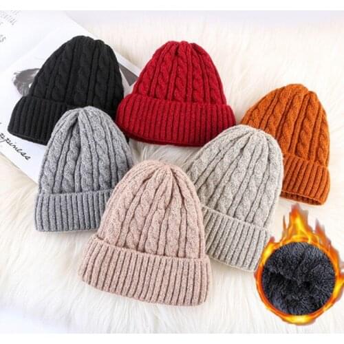 Fashion Warm Knitted Womens Hat Solid Winter Hats For Women Plus Velvet knitted Hat Beanies Slouch Skullies Cap Unisex Hats