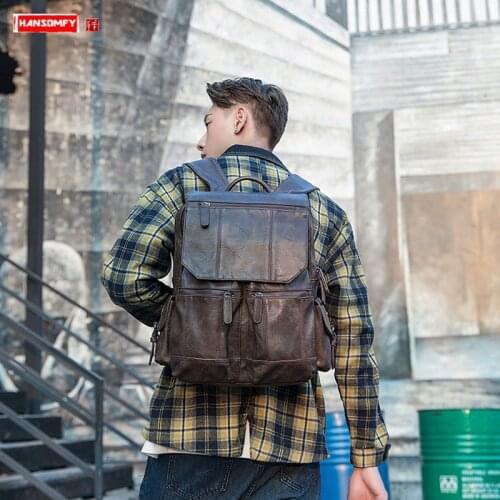 Mens Backpack Casual Trend School Bag Men Travel Backpacks Original Design Handmade Leather College Wind Personality Leather