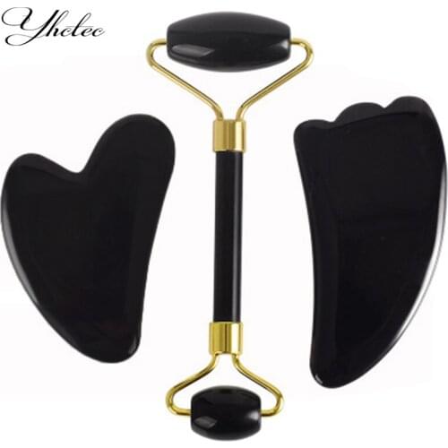 Natural Black Obsidian Roller Double Head Jade Massage Roller Real Stone Facial Massager Guasha Tool for Skin Care with Box