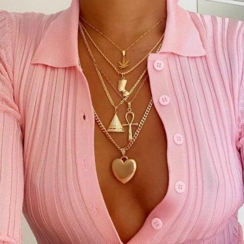 New Necklace Popular Exaggerated Metal Maple Leaf Pyramid Love Multi - Layer Necklace Womens Hot Sale Jewelry Wholesale