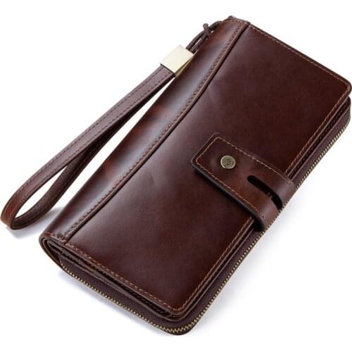 New Europe and America Genuine Leather Mens Wallet Crazy Horse Leather Card Holder Long Wallets Zipper Purses Clutch Bags