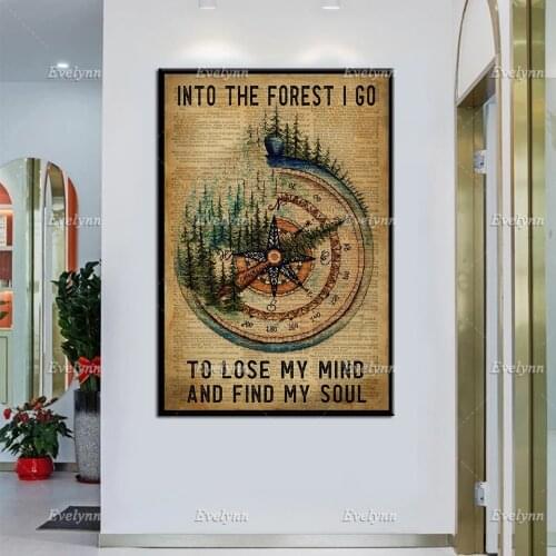 Hiking Poster - Into The Forest I Go To Lose My Mind, Vintage Compass Prints, Hiking Lover Wall Art, Forest Hippie Home Decor