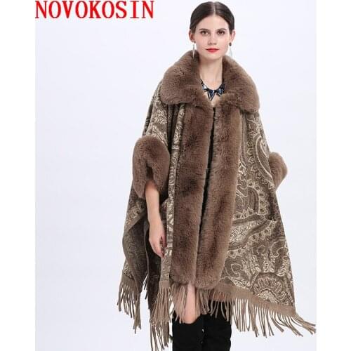 2021 Women Khaki Navy Blue Poncho Big Imitation Rabbit Fur Collar Outstreet Wear Winter Warm Woolen Thick Long Cloak Loose Coat